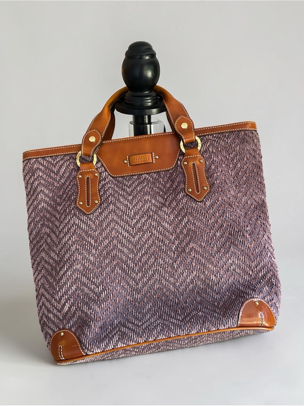 La Tour Eiffel Chevron Tapestry Tote Bag Purple Brown Leather Trim Large